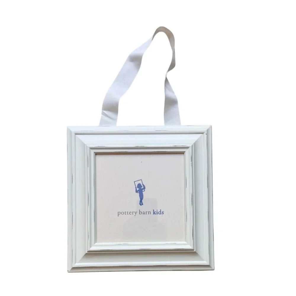Pair Vintage Pottery Barn Kids White Distress Wood Picture Frames Ribbon Hangers